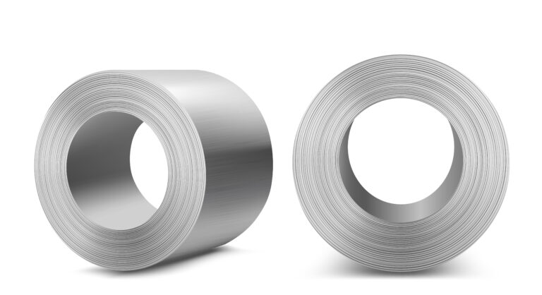 Steel rolls, industrial manufacturing business production, heavy metallurgical industry shiny metal stainless iron or aluminum cylinders isolated on white background, Realistic 3d vector illustration