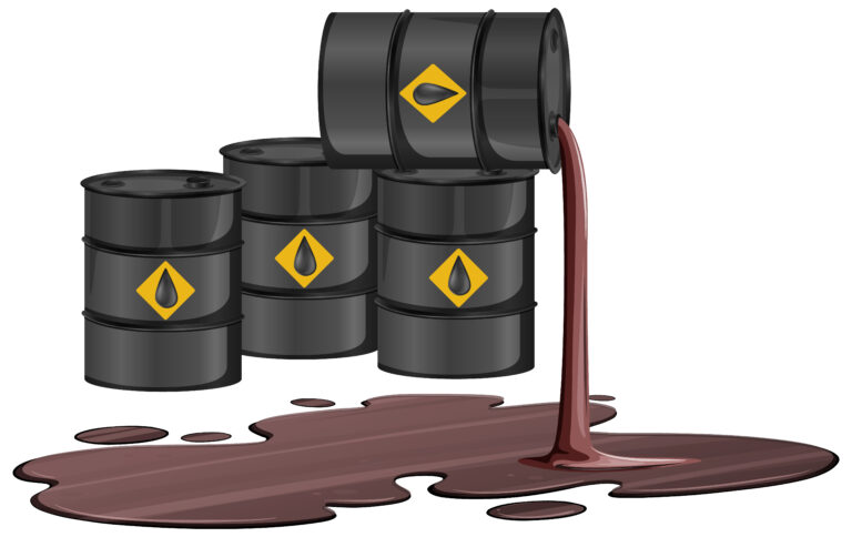 Black oil barrels with crude sign spill oil on the floor isolated on white background illustration